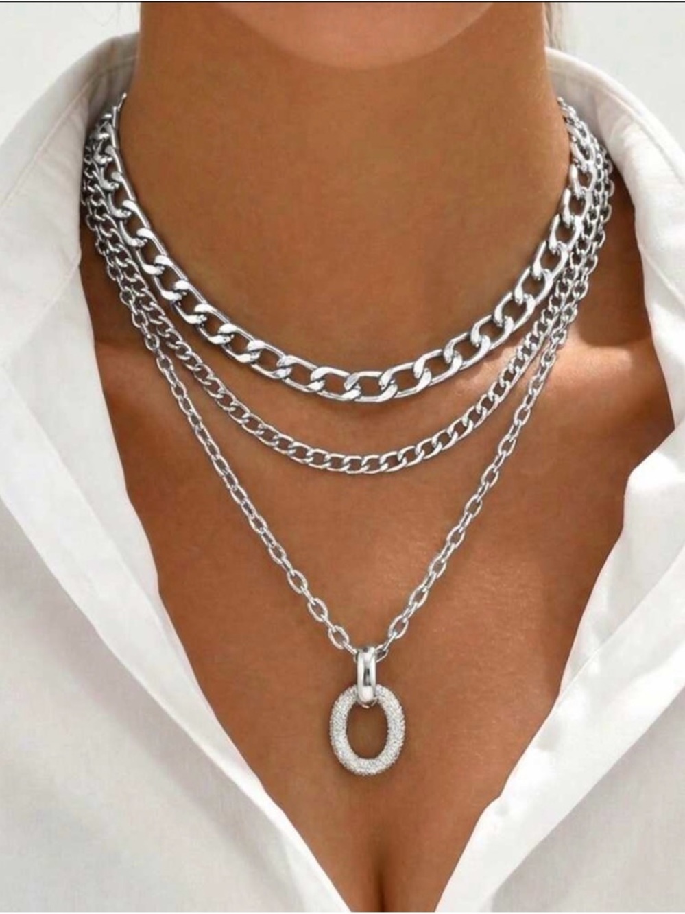 Silver Layered Chain Necklace with Pave Circle Pendant